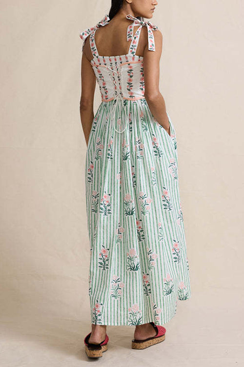Mixiedress Tie Shoulder Back Lace-up Striped Floral Maxi Cami Dress