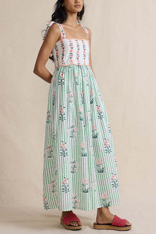 Mixiedress Tie Shoulder Back Lace-up Striped Floral Maxi Cami Dress