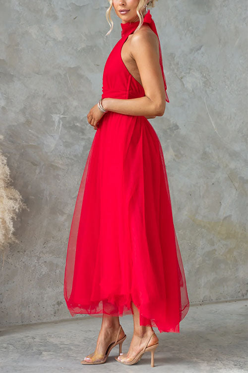 Mixiedress Bow Knot Halter Open Back Tulle Maxi Dress