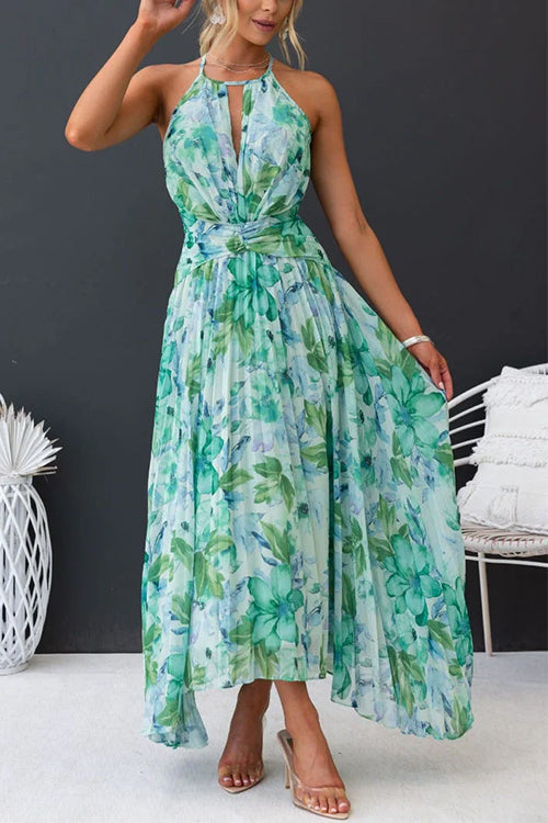 Mixiedress V Neck Waisted Cut Out Floral Pleated Maxi Dress