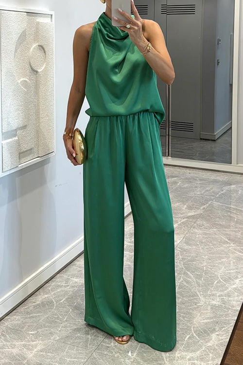 Cowl Neck Sleeveless Top and Elastic Waist Wide Leg Pants Satin Set