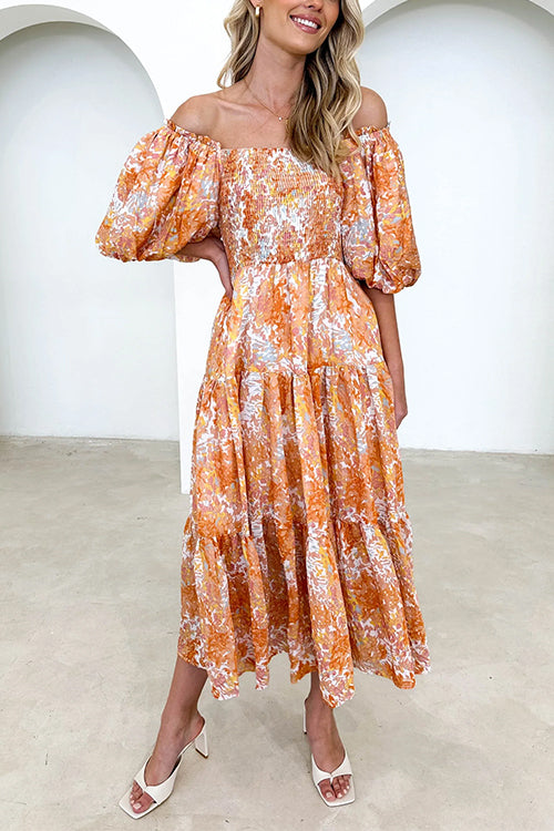 Mixiedress Off Shoulder Puff Sleeves Tiered Printed Midi Holiday Dress