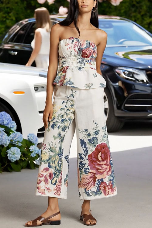 Mixiedress Floral Print Strapless Ruffle Tube Top and Smocked Waist Wide Leg Pants