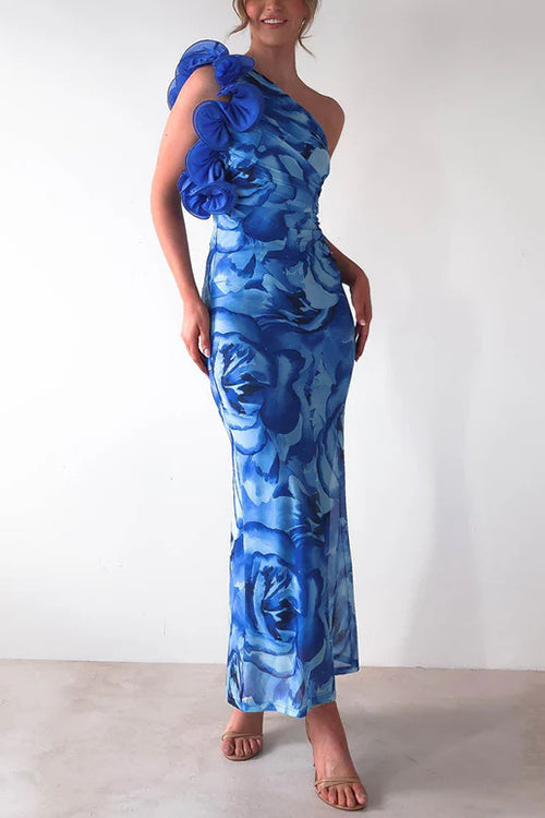 Mixiedress Ruffle One Shoulder Floral Print Bodycon Maxi Dress