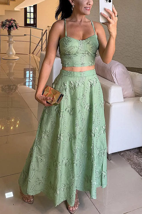 Mixiedress Embroidery Crop Cami Top and Elastic Waist Swing Maxi Skirt Set