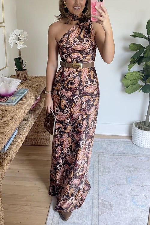One Shoulder Sleeveless Paisley Print Maxi Dress