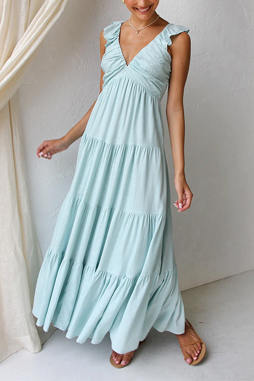 Mixiedress V Neck Ruffle Trim Tiered Sleeveless Linen Maxi Dress
