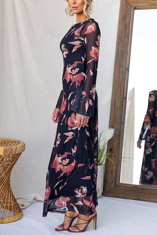 Round Neck Long Sleeves Floral Print Maxi Dress