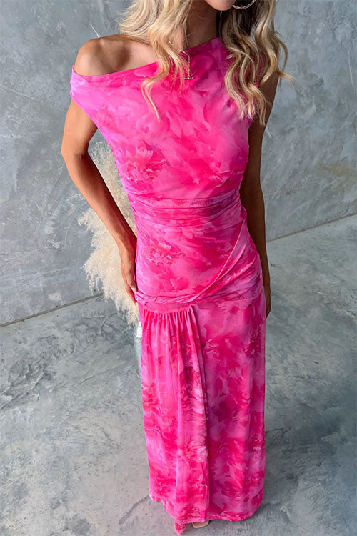 Asymmetric Shoulder Ruched Waist Floral Print Maxi Dress