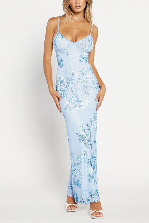 Mixiedress Spaghetti Strap V Neck Floral Print Bodycon Maxi Dress