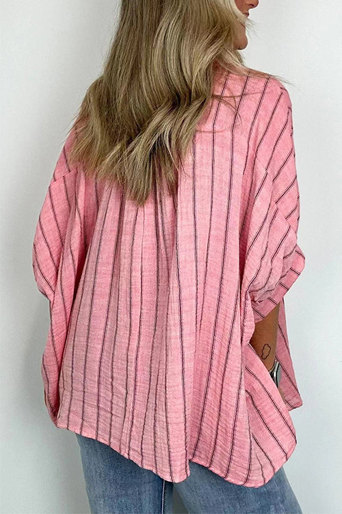 Mixiedress Oversized Button Down Batwing Sleeves Striped Shirt