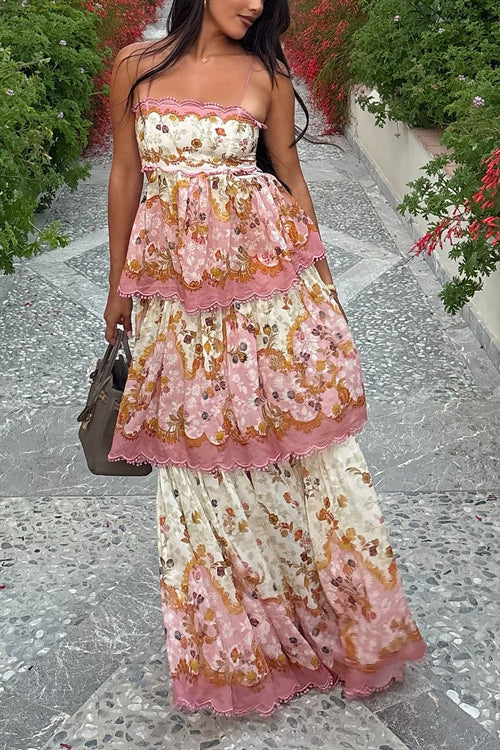Mixiedress Spaghetti Strap Back Lace-up Ruffle Layered Floral Print Maxi Dress