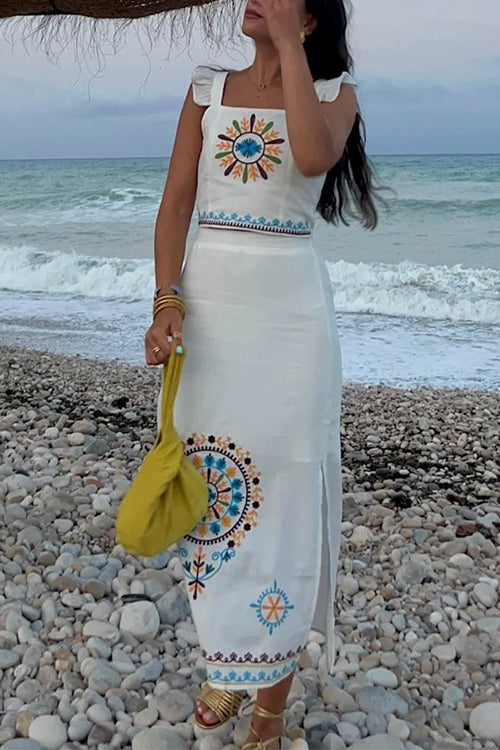 Mixiedress Unique Print Ruffle Cami Crop Top Side Slit Midi Skirt Set