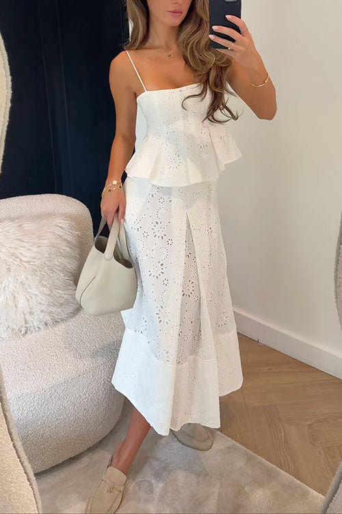 Mixiedress Lace Hollow Out Ruffle Cami Top and A-line Midi Skirt Set