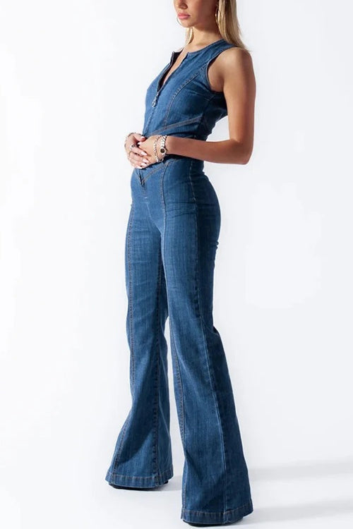Mixiedress Zip Up Sleeveless Heart Back Bell Bottom Denim Jumpsuit