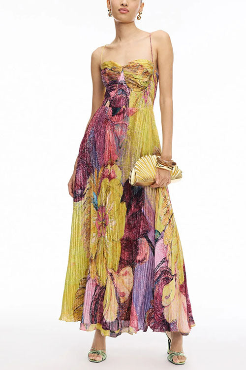 Spaghetti Strap Waisted Floral Print Swing Maxi Dress