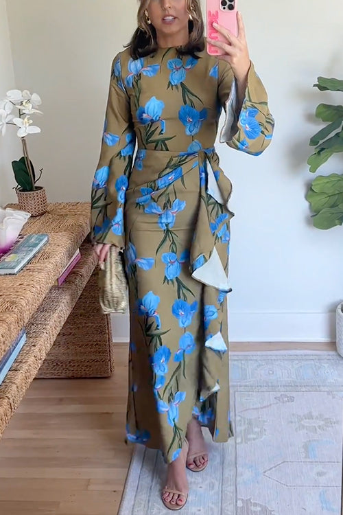 Bell Long Sleeves Floral Print Draped Slit Maxi Dress