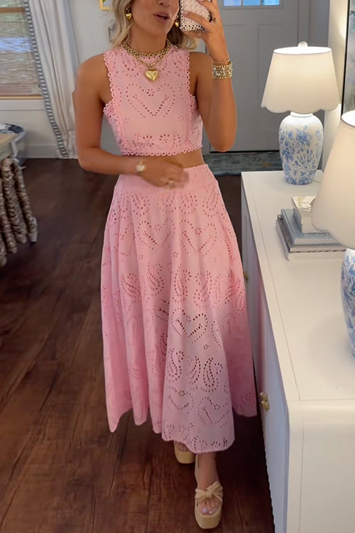 Mixiedress Lace Hollow Out Sleeveless Crop Top High Waist Maxi Skirt Set