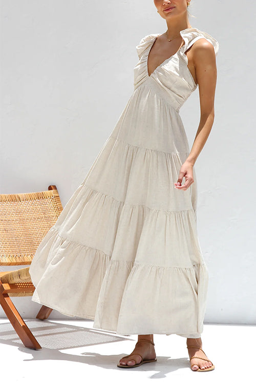 Mixiedress V Neck Ruffle Trim Tiered Sleeveless Linen Maxi Dress