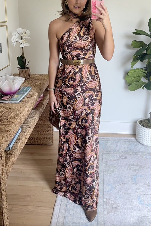 One Shoulder Sleeveless Paisley Print Maxi Dress