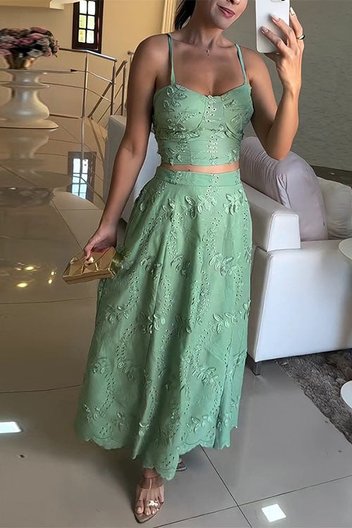 Mixiedress Embroidery Crop Cami Top and Elastic Waist Swing Maxi Skirt Set