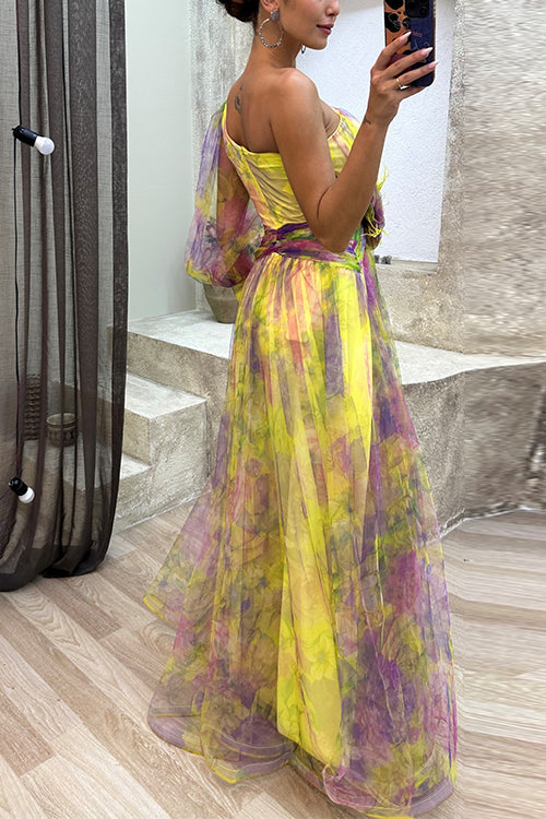 Mixiedress One Shoulder Waisted High Slit Mesh Overlay Printed Maxi Dress