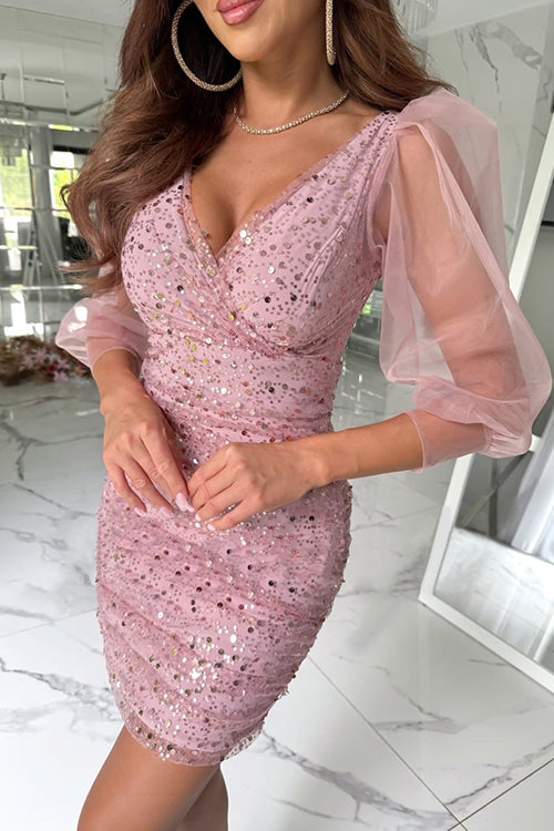 Mixiedress V Neck Ruched Mesh Sequin Bodycon Mini Dress
