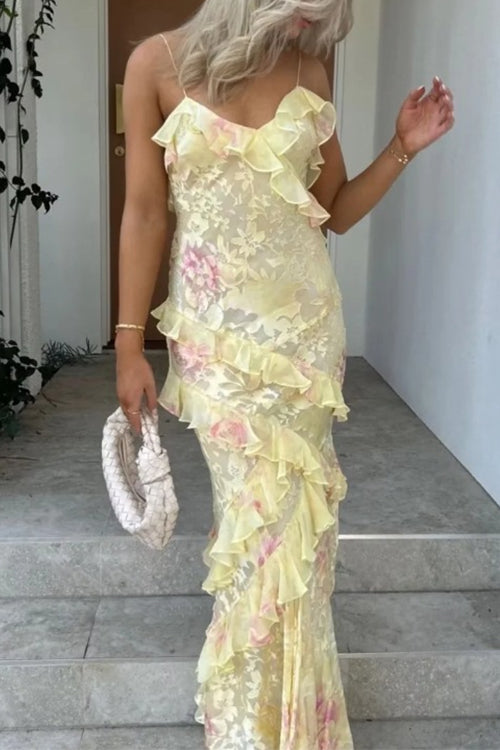 Mixiedress Spaghetti Strap Backless Ruffle Trim Printed Maxi Dress