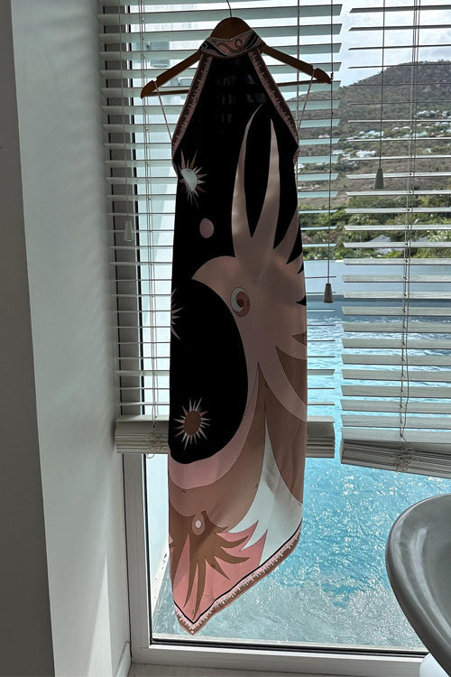 Mixiedress Halter Neck Open Back Asymmetric Hem Printed Satin Midi Dress