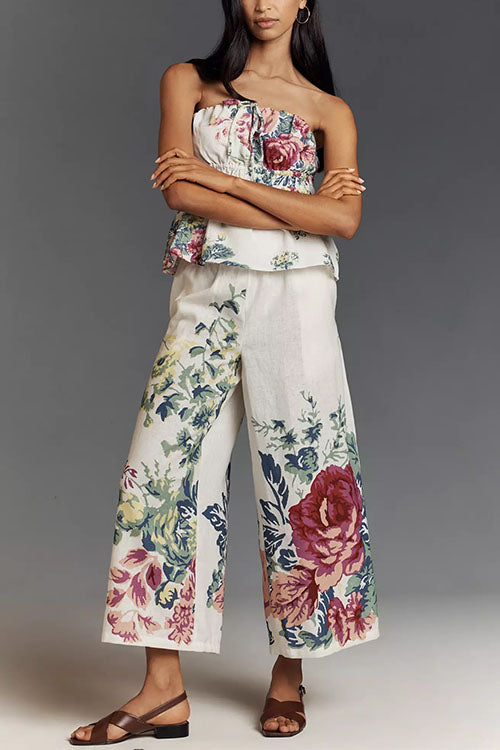 Mixiedress Floral Print Strapless Ruffle Tube Top and Smocked Waist Wide Leg Pants