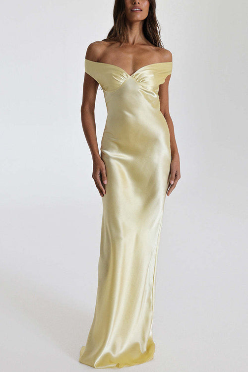 Mixiedress Off Shoulder Backless Cut Out Satin Maxi Dress