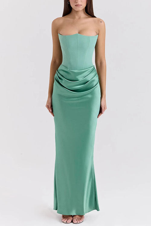 Mixiedress Strapless Ruched Satin Splice Bodycon Maxi Dress