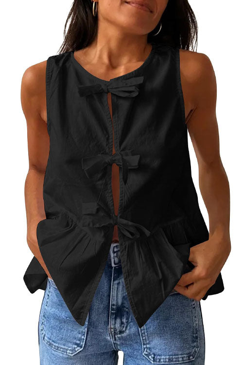 Mixiedress Bow Front Sleeveless Cotton Linen Ruffle Top(in 6 Colors)