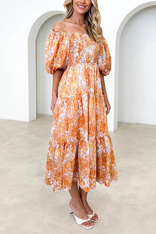 Mixiedress Off Shoulder Puff Sleeves Tiered Printed Midi Holiday Dress