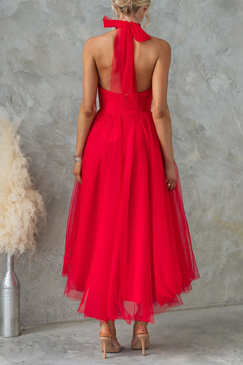 Mixiedress Bow Knot Halter Open Back Tulle Maxi Dress