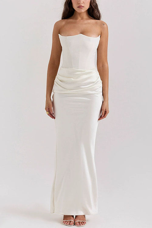 Mixiedress Strapless Ruched Satin Splice Bodycon Maxi Dress