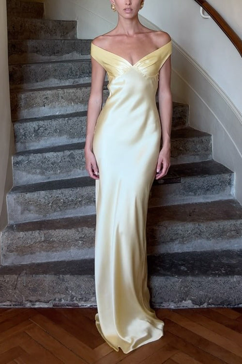 Mixiedress Off Shoulder Backless Cut Out Satin Maxi Dress