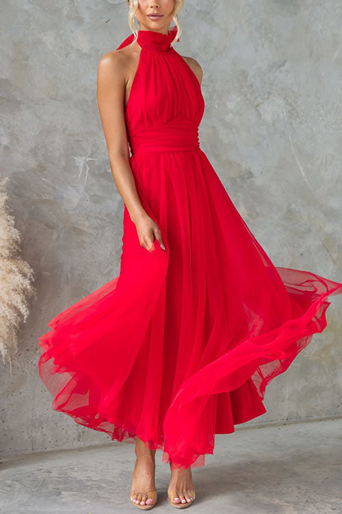 Mixiedress Bow Knot Halter Open Back Tulle Maxi Dress