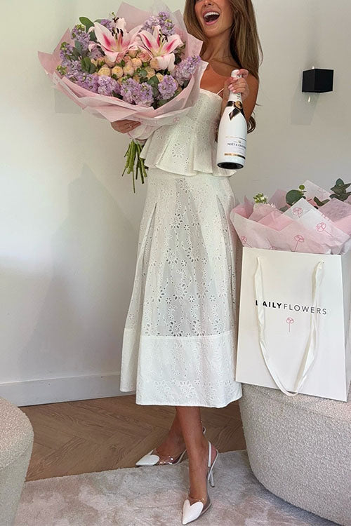 Mixiedress Lace Hollow Out Ruffle Cami Top and A-line Midi Skirt Set