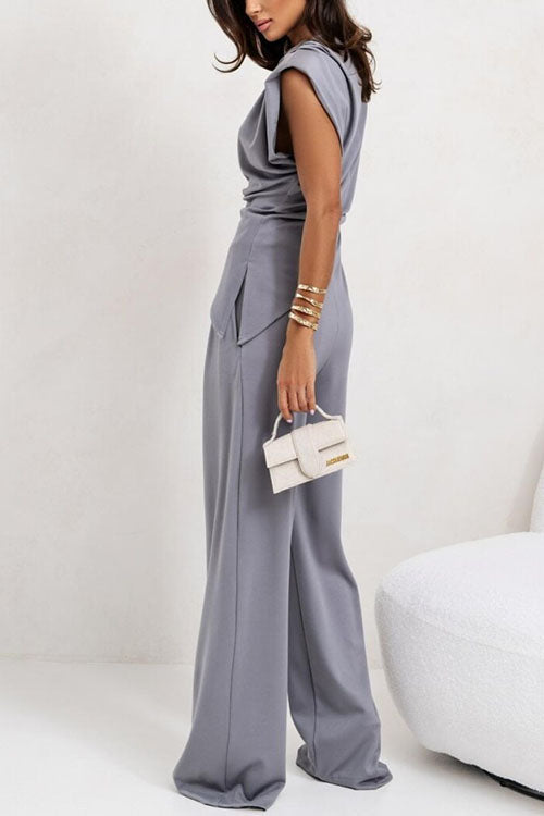 Mixiedress Ruched Asymmetrical Top and Wide Leg Pants Set