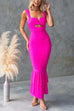 Mixiedress Sleeveless Cut Out Ruched Ruffle Bodycon Maxi Dress