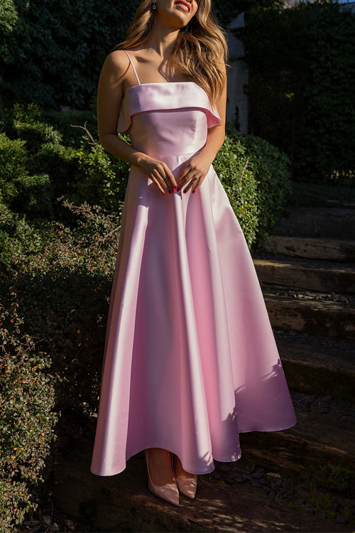 Mixiedress Spaghetti Strap Waisted A-line Satin Maxi Dress