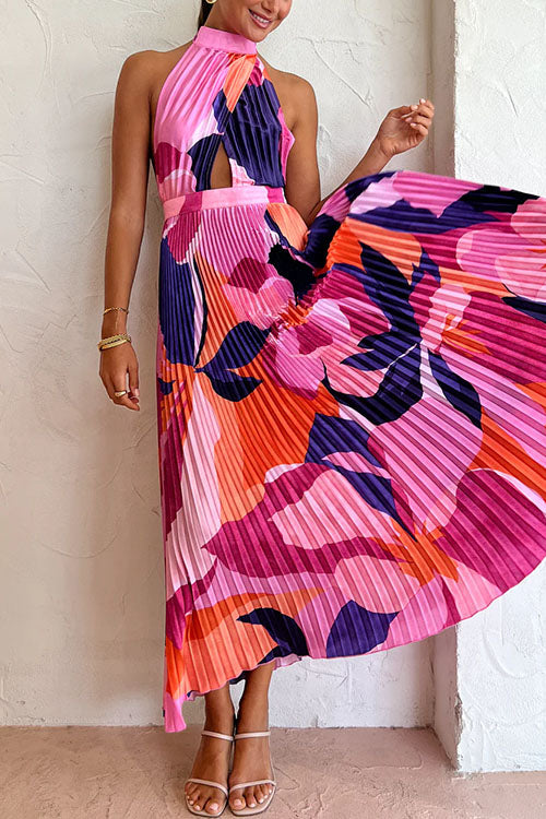 Mixiedress Halter Backless Cut Out Printed Maxi Pleated Dress
