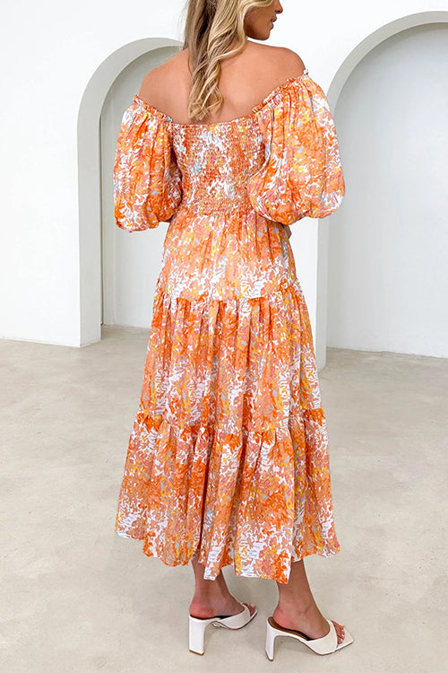 Mixiedress Off Shoulder Puff Sleeves Tiered Printed Midi Holiday Dress