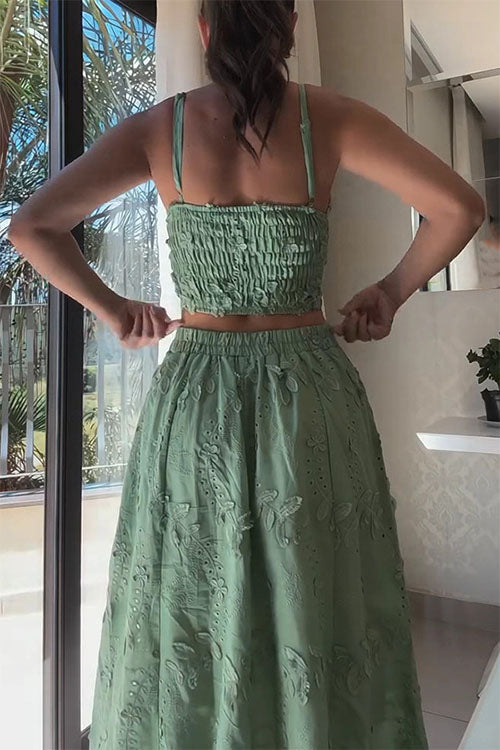 Mixiedress Embroidery Crop Cami Top and Elastic Waist Swing Maxi Skirt Set