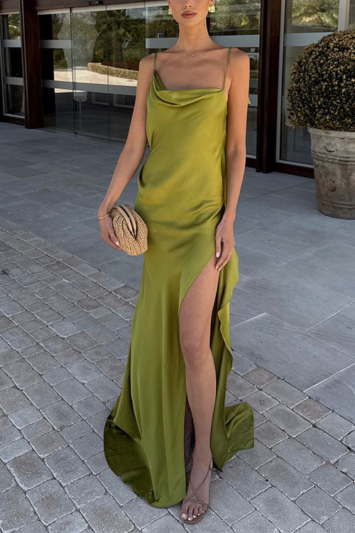 Mixiedress High Slit Back Drape Cascading Satin Maxi Cami Dress
