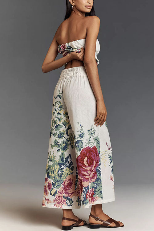 Mixiedress Floral Print Strapless Ruffle Tube Top and Smocked Waist Wide Leg Pants