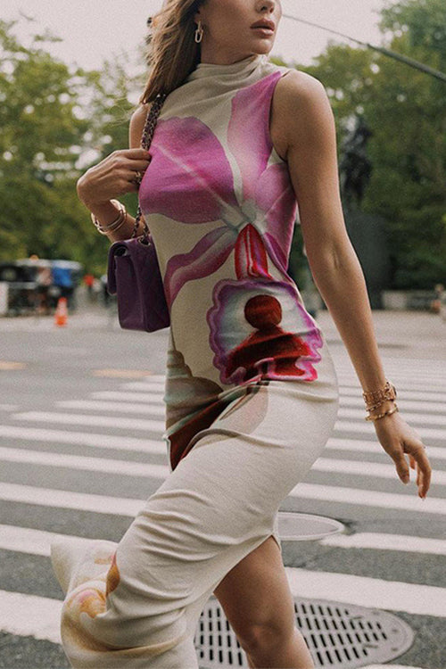 Mixiedress Mockneck Sleeveless Back Slit Floral Print Maxi Dress