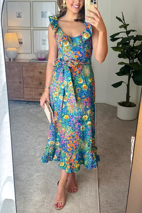 Sleeveless Ruffle Trim Bow Waist Floral Print Midi Vacation Dress