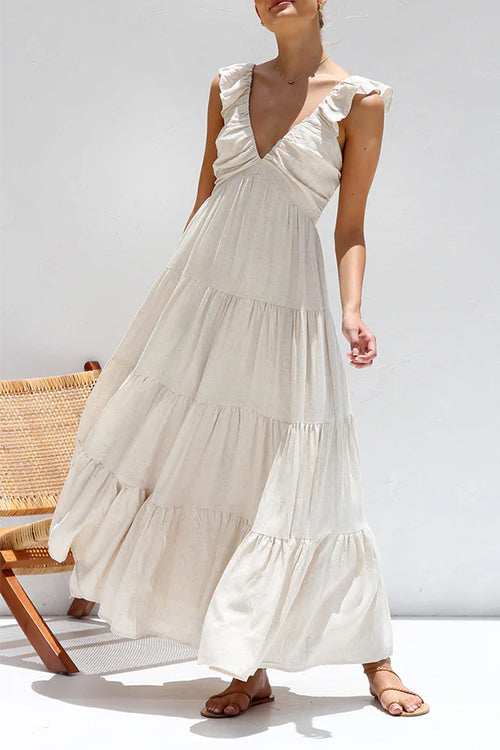 Mixiedress V Neck Ruffle Trim Tiered Sleeveless Linen Maxi Dress